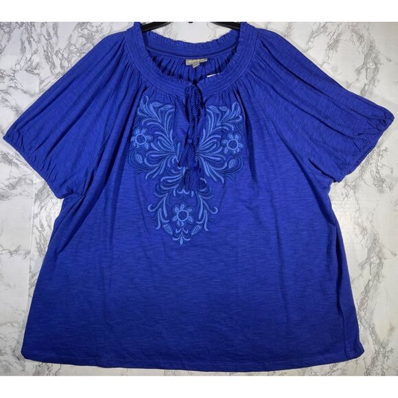 Style &Co Womens Size 4X Boho Chic  Blue Embroidered Peasant Blouse Top w Tassle - Picture 1 of 9